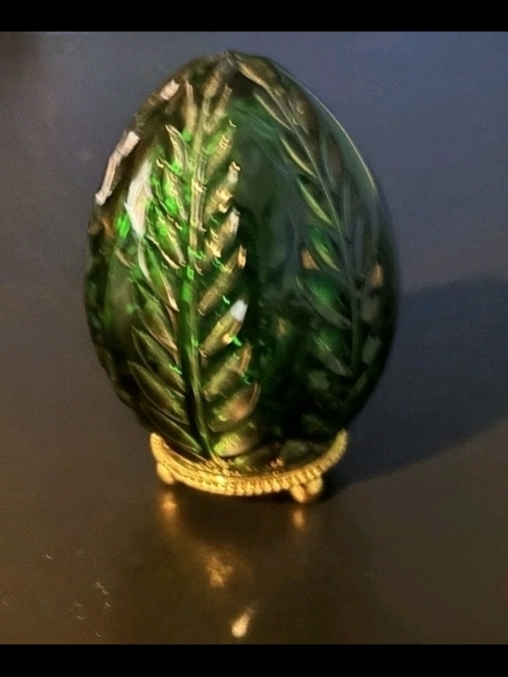 Faberge Emerald Green Glass Egg with Gold Leaf Stand
